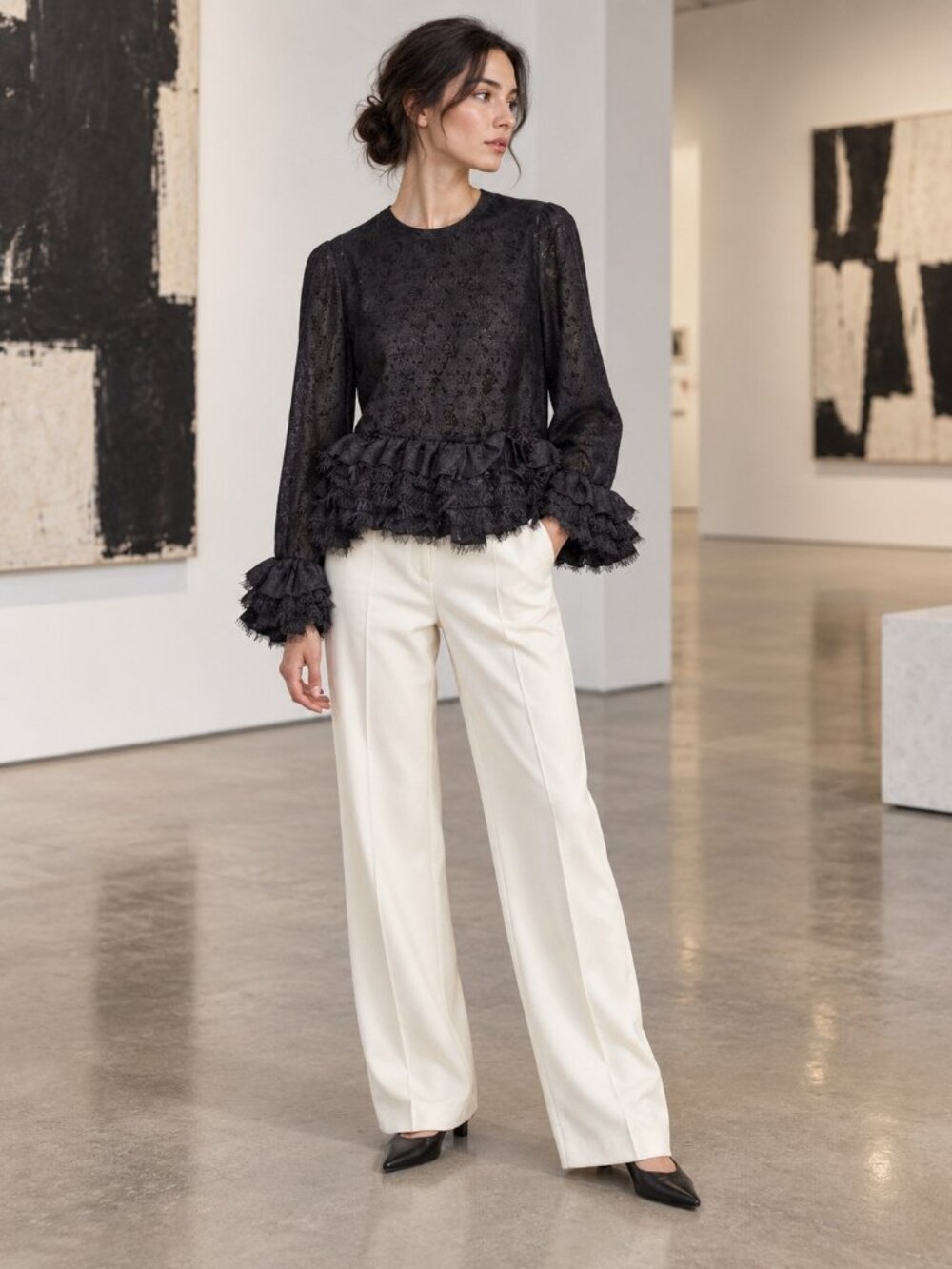 Comme Des Garcons Women's Black Ruffled Longsleeve Blouse Medium